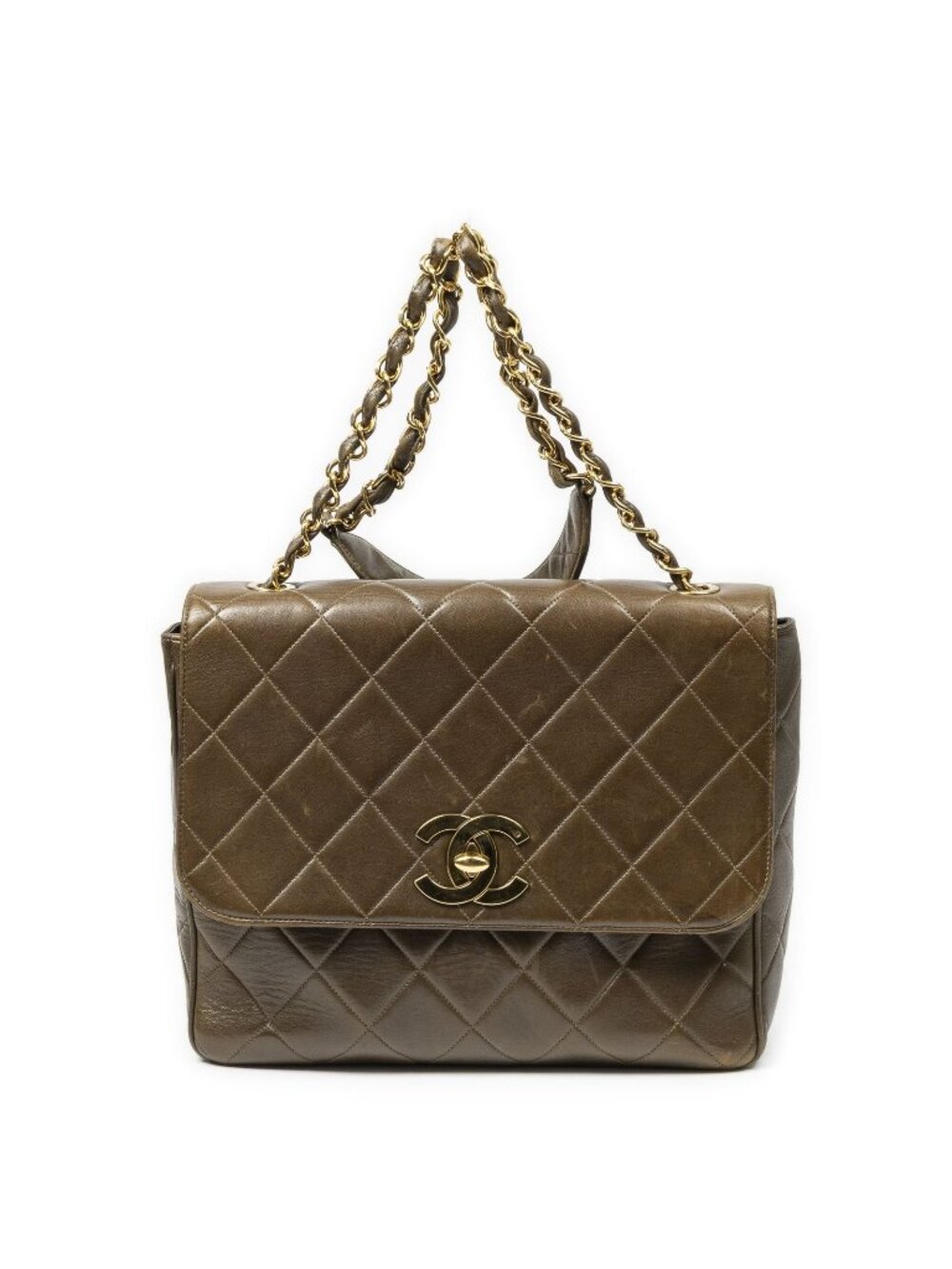 Chanel CC XL Jumbo Square Flap Bag Olive Green Quilted Lambskin Leather